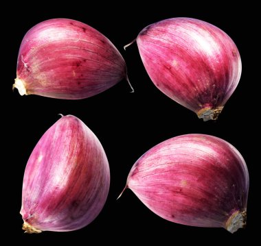 Sarımsak karanfili kırpma yolu ile izole edilmiş, siyah arka planda gölge yok, malzeme pişirme, mor sarımsak