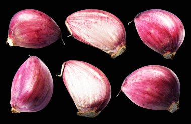 Sarımsak karanfili kırpma yolu ile izole edilmiş, siyah arka planda gölge yok, malzeme pişirme, mor sarımsak