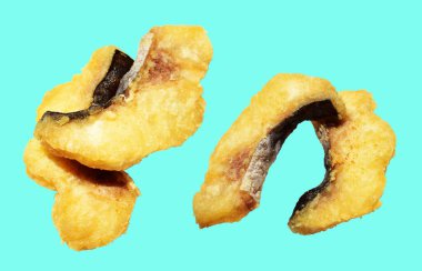 Kızarmış fileto balığı kırpma yolu ile izole edilmiş, yeşil arka planda gölge yok.