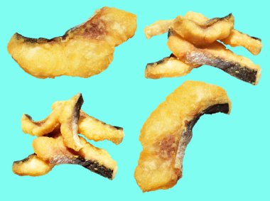 Kızarmış fileto balığı kırpma yolu ile izole edilmiş, yeşil arka planda gölge yok.