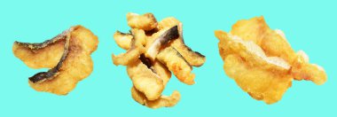 Kızarmış fileto balığı kırpma yolu ile izole edilmiş, yeşil arka planda gölge yok.