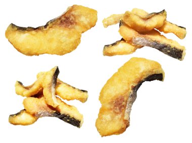 Kızarmış fileto balığı kırpma yolu ile izole edilmiş, beyaz arka planda gölge yok.