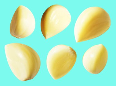 Taze soyulmuş sarımsak eldivenleri, kırpma yolu ile izole edilmiş, yeşil arka planda gölge yok.