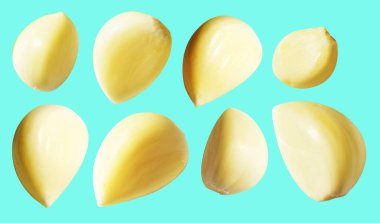 Taze soyulmuş sarımsak eldivenleri, kırpma yolu ile izole edilmiş, yeşil arka planda gölge yok.