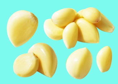 Taze soyulmuş sarımsak eldivenleri, kırpma yolu ile izole edilmiş, yeşil arka planda gölge yok.