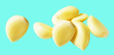 Taze soyulmuş sarımsak eldivenleri, kırpma yolu ile izole edilmiş, yeşil arka planda gölge yok.