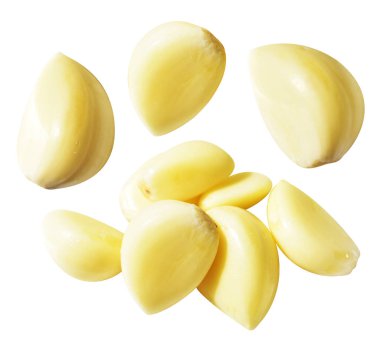 Taze soyulmuş sarımsak eldivenleri kırpma yolu ile izole edilmiş, beyaz arka planda gölge yok.