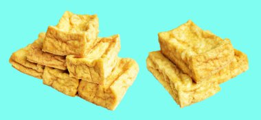 Kızarmış tofu, kırpma yolu ile izole edilmiş, yeşil arka planda gölge yok, Vietnam stili, soya fasulyesinden yapılmış vejetaryen ya da vejetaryen ve diyet.