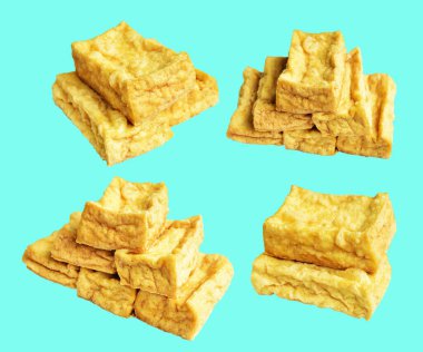 Kızarmış tofu, kırpma yolu ile izole edilmiş, yeşil arka planda gölge yok, Vietnam stili, soya fasulyesinden yapılmış vejetaryen ya da vejetaryen ve diyet.