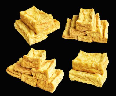 Kızarmış tofu, kırpma yolu ile izole edilmiş, siyah arka planda gölge yok, Vietnam stili, soya fasulyesinden yapılmış vejetaryen ya da vejetaryen ve diyet