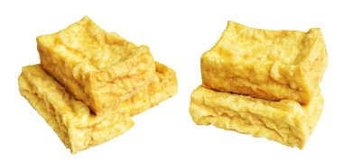 Kızarmış tofu, kırpma yolu ile izole edilmiş, beyaz arka planda gölge yok, Vietnam stili, soya fasulyesinden yapılmış vejetaryen ya da vejetaryen ve diyet.