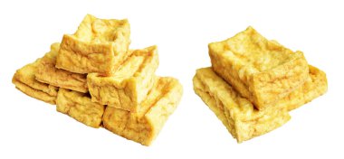 Kızarmış tofu, kırpma yolu ile izole edilmiş, beyaz arka planda gölge yok, Vietnam stili, soya fasulyesinden yapılmış vejetaryen ya da vejetaryen ve diyet.