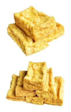 Kızarmış tofu, kırpma yolu ile izole edilmiş, beyaz arka planda gölge yok, Vietnam stili, soya fasulyesinden yapılmış vejetaryen ya da vejetaryen ve diyet.