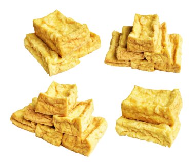 Kızarmış tofu, kırpma yolu ile izole edilmiş, beyaz arka planda gölge yok, Vietnam stili, soya fasulyesinden yapılmış vejetaryen ya da vejetaryen ve diyet.