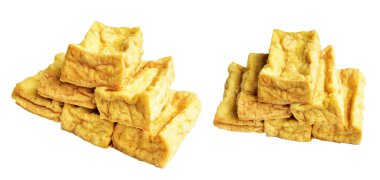 Kızarmış tofu, kırpma yolu ile izole edilmiş, beyaz arka planda gölge yok, Vietnam stili, soya fasulyesinden yapılmış vejetaryen ya da vejetaryen ve diyet.