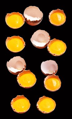 Kırpma yolu olan yumurta sarıları, siyah arka planda gölge yok, gerçek kahverengi yarım tavuk yumurtası.