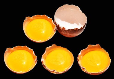 Kırpma yolu olan yumurta sarıları, siyah arka planda gölge yok, gerçek kahverengi yarım tavuk yumurtası.