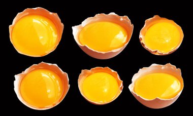 Kırpma yolu olan yumurta sarıları, siyah arka planda gölge yok, gerçek kahverengi yarım tavuk yumurtası.