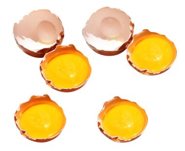 Kesme yolu olan yumurta sarıları, beyaz arka planda gölge yok, gerçek kahverengi yarım tavuk yumurtası.