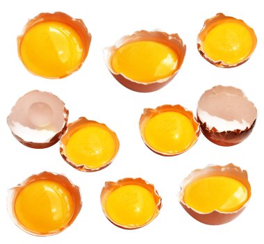 Kesme yolu olan yumurta sarıları, beyaz arka planda gölge yok, gerçek kahverengi yarım tavuk yumurtası.