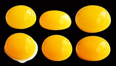 Kırpma yolu olan yumurta sarıları, siyah arka planda gölge yok, gerçek kahverengi yarım tavuk yumurtası.