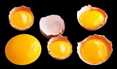 Kırpma yolu olan yumurta sarıları, siyah arka planda gölge yok, gerçek kahverengi yarım tavuk yumurtası.