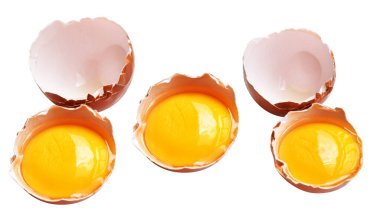Kesme yolu olan yumurta sarıları, beyaz arka planda gölge yok, gerçek kahverengi yarım tavuk yumurtası.