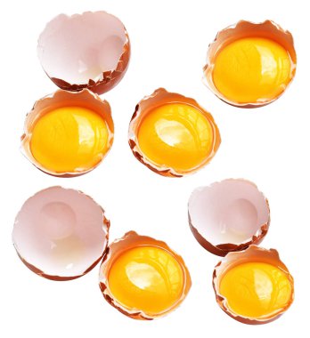 Kesme yolu olan yumurta sarıları, beyaz arka planda gölge yok, gerçek kahverengi yarım tavuk yumurtası.