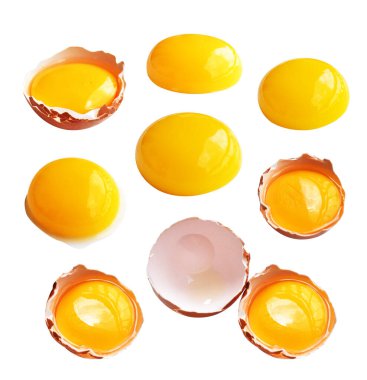 Kesme yolu olan yumurta sarıları, beyaz arka planda gölge yok, gerçek kahverengi yarım tavuk yumurtası.