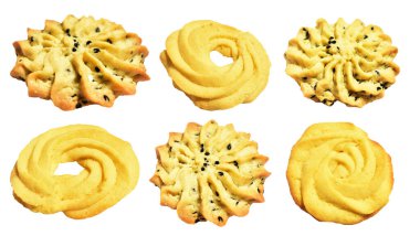 Pipolu tereyağlı kurabiyeler. Rosette şeklinde. Kırpma yolu ile izole edilmiş.