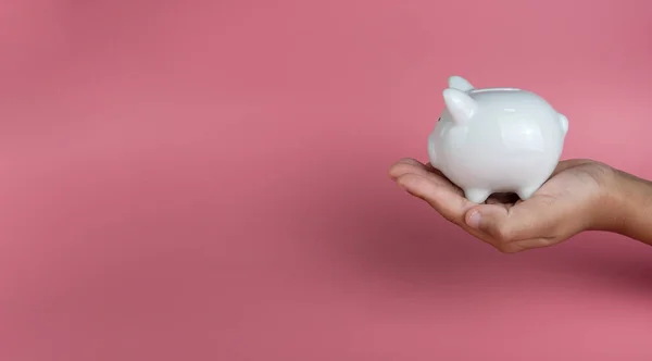 A human hand hold white piggy bank. on a pink background. Savings and investment concepts.