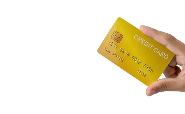 Hand Houden Credit Card Geïsoleerd Witte Achtergrond Winkelconcept Cashless Uitgavenconcept — Stockfoto