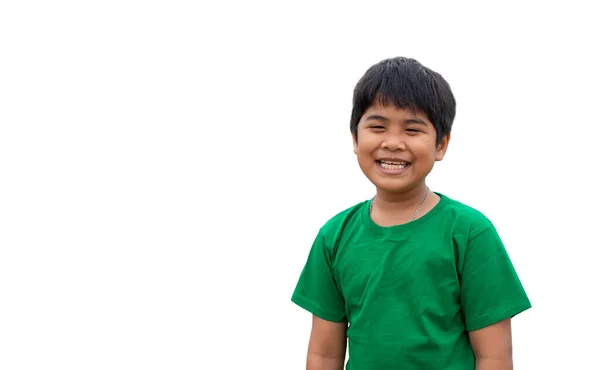 Niño Llevaba Una Camisa Verde Puso Pie Sonriendo Sobre Fondo —  Fotos de Stock