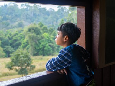 boy looking out window looking at the green forest
