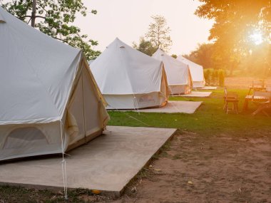 Açık hava yürüyüş ormanında piknik çadırı kamp alanı. Kamp yaparken yaz kampında doğa arka planında. Macera Seyahati konsepti