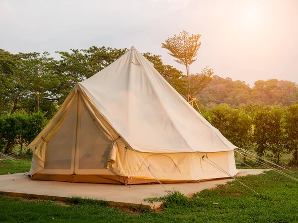 stock image Camping picnic tent campground in outdoor hiking forest. Camper while campsite in nature background at summer trip camp. Adventure Travel Vacation concept