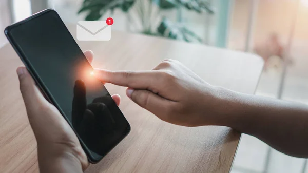 stock image Human hand touching email on virtual screen. New email notification concept for business email communication and digital marketing. The inbox receives electronic message notifications. internet technology.