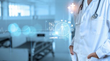 Hastanenin geçmişinde steteskop elinde olan bir tıp doktoru. Tıbbi teknoloji. Sağlık ve Tıp Konsepti.