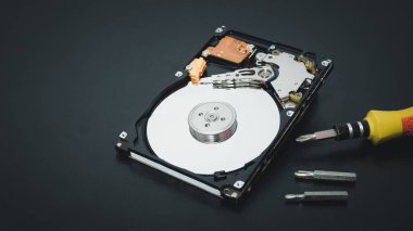 Hafıza onarım konsepti. Depolama sistemlerinin tamiri. Sabit disk onarımı. Koyu arkaplan üzerinde tornavida olan sabit disk