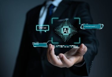 Yapay zeka, sembolik, makine eğitimi, gelecekteki teknolojinin yapay zekası. İş analizindeki yapay zeka ağı. sohbet botu