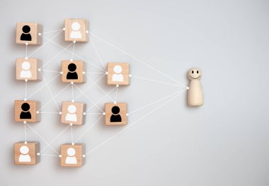 Liderlik ve takım lideri için iş dünyası ve insan kaynakları kavramı. Tahta bebeklerden biri öne çıkıyor. Farklı ve gruptan uzak duruyor.