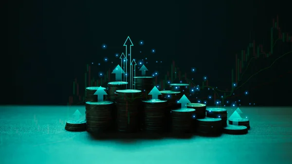 硬币与索引图表 箭头和烛台一起排列在木制地板上 代表金融 商业增长概念 财务上的成功概念 摘要财务背景 — 图库照片