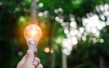 İnsan eli, doğal bokeh arkaplanlı bir ampul tutar. Fikir, yenilik ve ilham kavramı, yaratıcı kavram, toprak günü veya çevrenin korunması, dünyanın enerjisinden tasarruf.