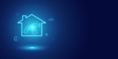 Gelecekçi mavi akıllı ev ve soyut teknoloji arka planı, Akıllı ev otomasyon kontrol sistemi, Yenilik teknolojisi internet ağı kavramı.