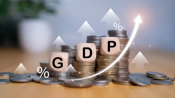 Gross domestic product, Financial, Management, Economic, Inflation, recession and Money concepts, GDP block with Coins stack and UP and Down arrow symbol icon.