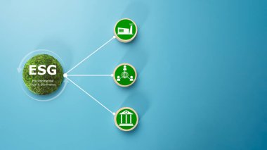 Sürdürülebilir çevre, toplum ve yönetim işletmeleri için ESG kavramları çevreden sorumludur, açık mavi arka planda ESG kısaltması olan dairesel ahşap bir tahta tabela.