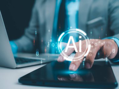 Teknoloji kavramı veya iş için yapay zeka kullanımı, iş adamı günlük hayatta internet ağı yapay zeka teknolojisi, yapay zeka beyni ve yapay zeka teknolojisi üzerinde modern teknolojiyi gösteriyor.