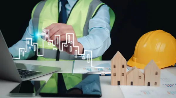 Project presentation plan, Construction cost planning, Architect or engineer using tablet to work on table, Cost calculation, construction planning, Structural calculation, Structural design.