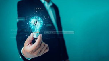 Teknolojik akıllı robot yapay zeka, yapay zeka ve yapay zeka kullanan bir iş adamı bir şey üretmek için komut verir, fütürist teknoloji dönüşümü. Al ile sohbet et.