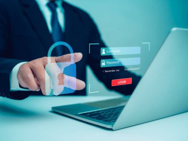 Giriş penceresine işaret eden işadamı, Siber Güvenlik kavramı Küresel ağ güvenlik teknolojisi, kullanıcı kişisel bilgilerine güvenli erişim, Güvenli İnternet erişimi, Siber Güvenlik.